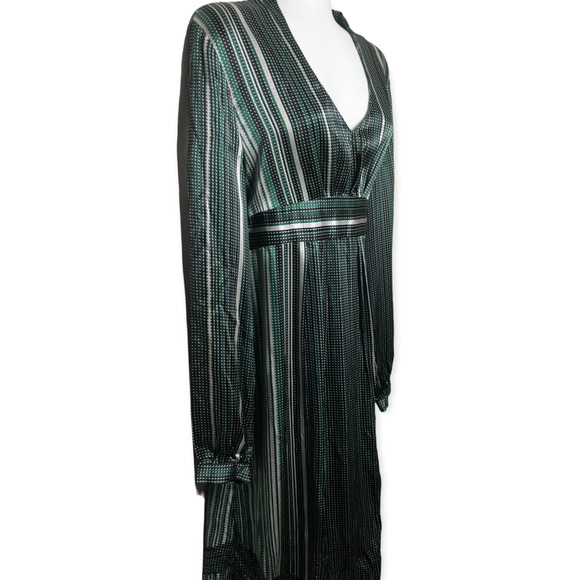 Tahari Women's Green Silk V-Neck Empire Waist Tie Back Striped Dress Size 10 - Picture 5 of 16